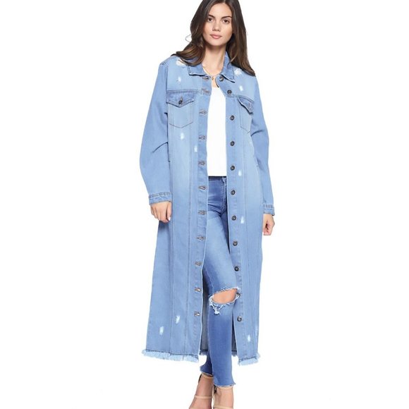 Blue Age Jackets & Blazers - NWT Long Line Distressed Denim Coat, Button Down Duster, Pockets, Faded Blue